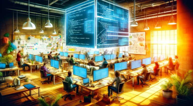 Illustration of people working in a colorful office